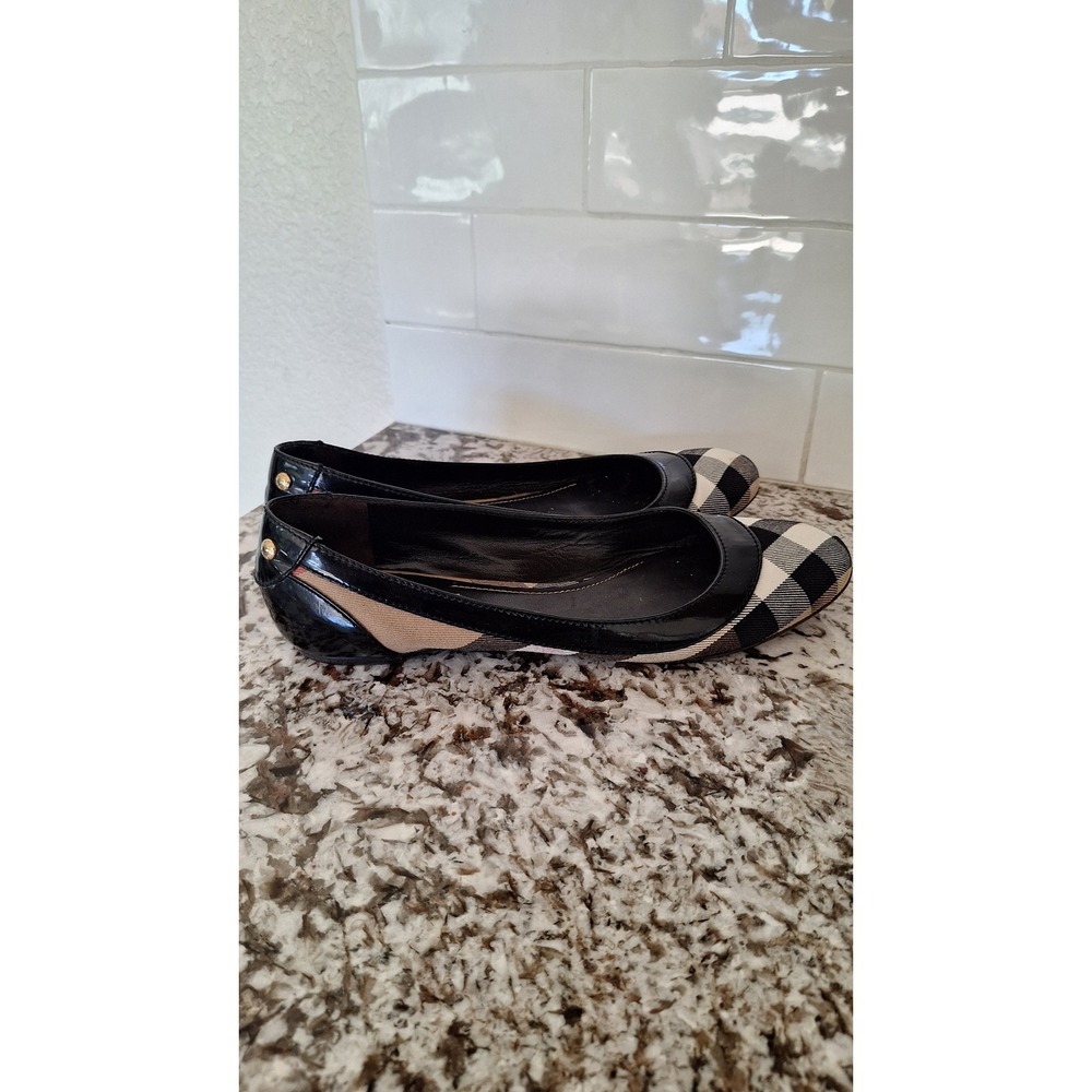Burberry House Check Canvas Patent Leather Ballet Flats Black Beige IT 39.5